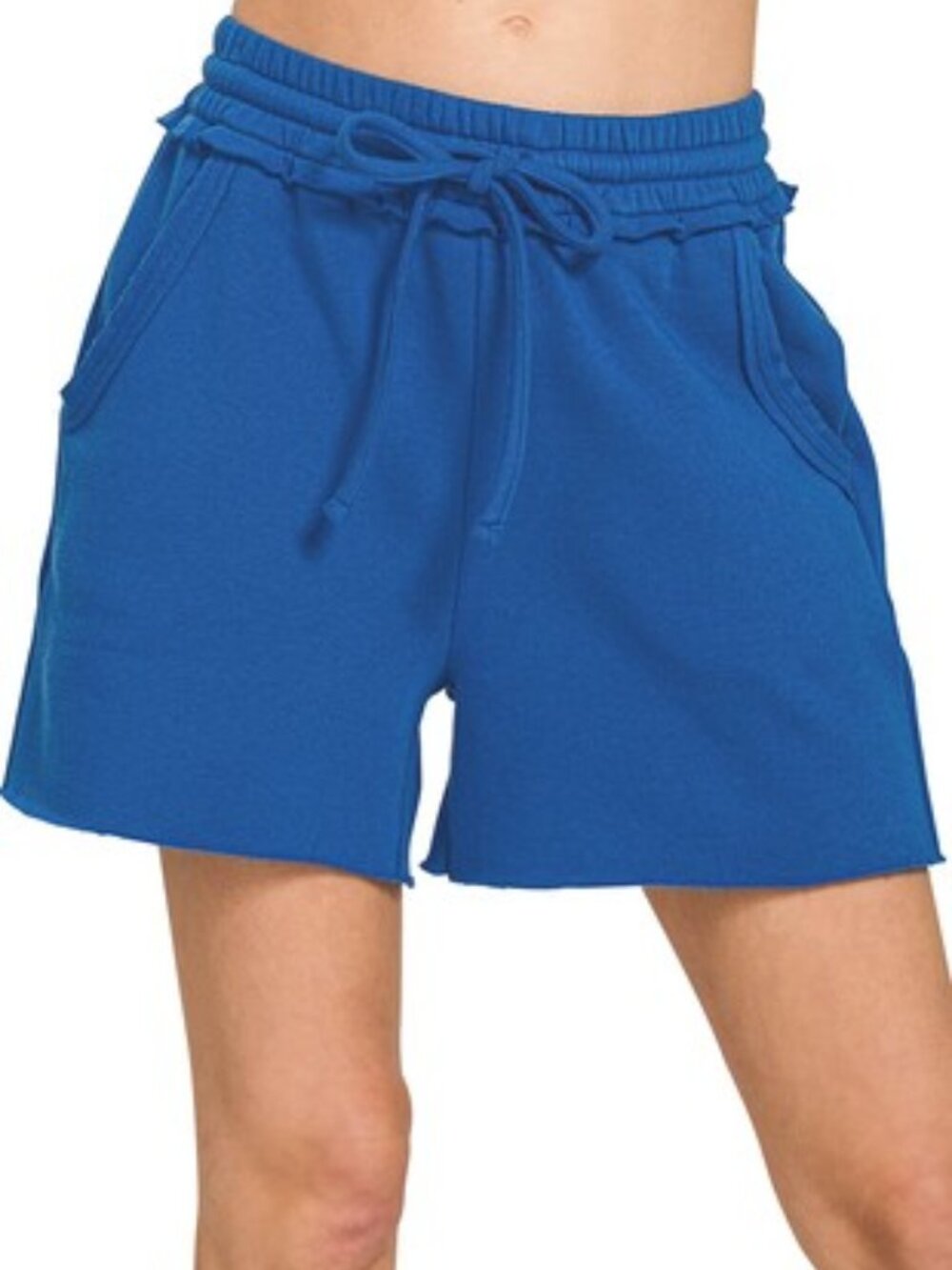 B101 Fleece Raw Hem Shorts With Draw String in Blue NEW